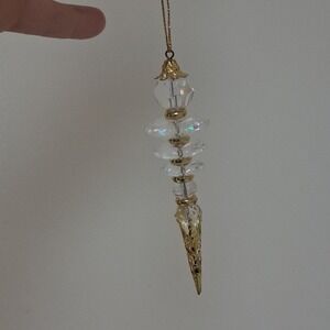 Vintage Crystal Icicle Christmas Ornament Gold Filigree Aurora Borealis Prism